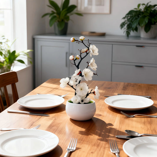 1pc Realistic Artificial Plum Blossom Bonsai, Mini Potted Tree for Home Office Desk, Maintenance-Free with White Pot, Flowers